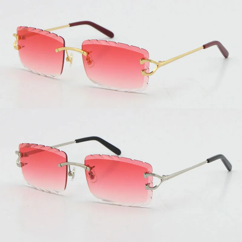 2021 Metal Style Rimless diamond Cut Carved lens Square Sunglasses C Decoration Fashion male and female 18K Gold With box Sun Glas283N