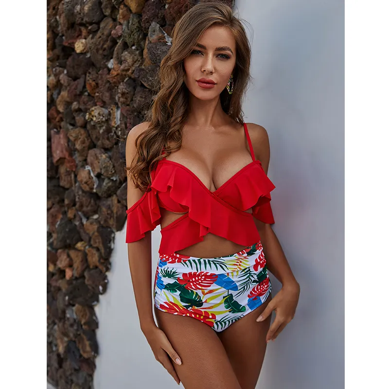 2021 NOWOŚĆ SEKSYJNE RUFLE WYSOKIEJ BIKINI SKUKOWE KOBIETY KOSIENIOWE Cross Swimsuit Cross Bikini wyruszyli w kostiumy kąpielowe na ramionach Summer Beach Wear 210305