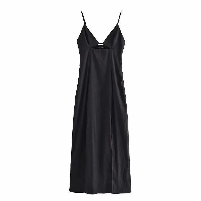 ZA Sexy découpé longue robe de soirée femmes sans manches dos nu bretelles spaghetti robes noires chic côté zip femme robe de soirée 210602