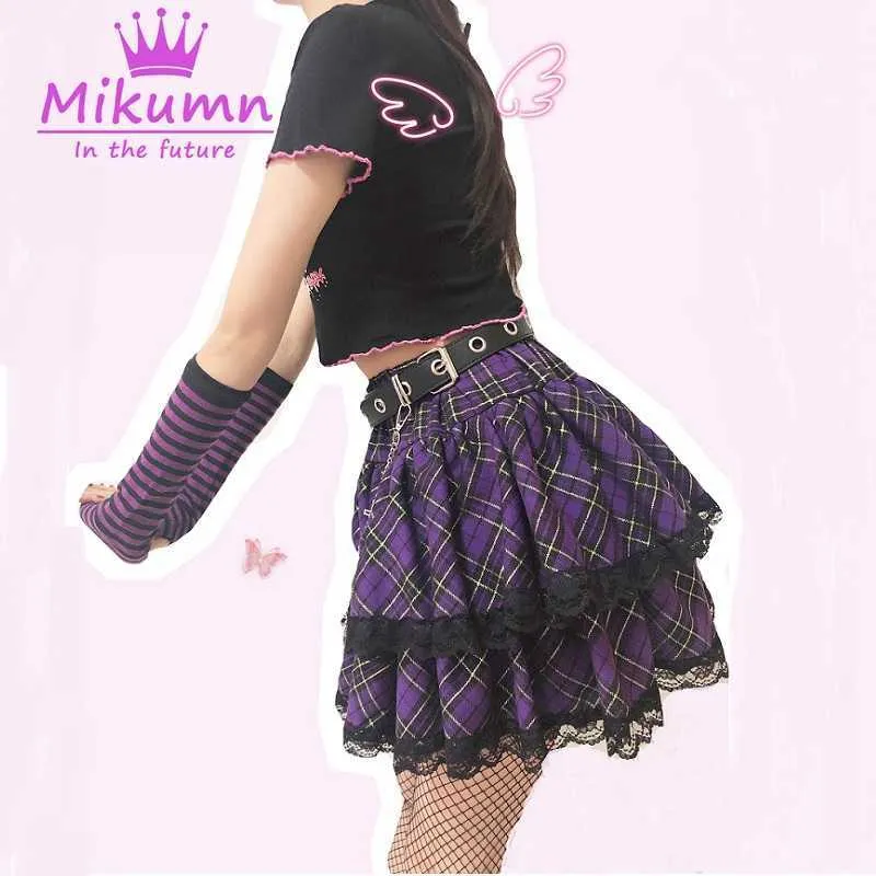 Giapponese Harajuku Ragazze Viola Plaid Gonne A Pieghe Punk Gotico Dolce Lolita Torta Mini Gonna Abito di Sfera Delle Donne Kawaii Breve 210629