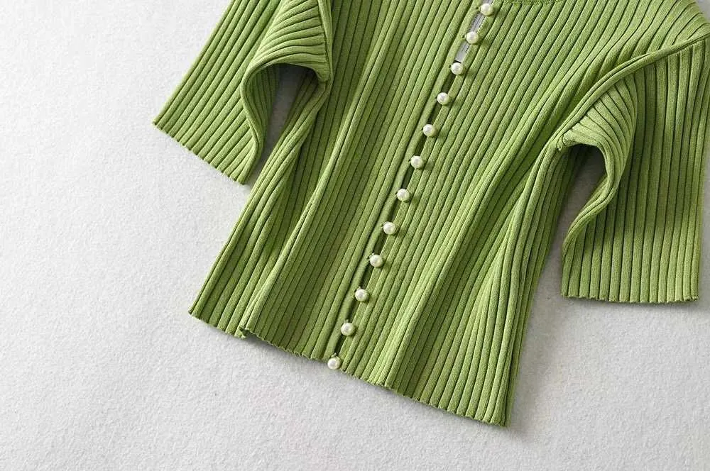 Summer Retro Knitting Monopetto Cardigan di perle Maglione Donna Stripe line O collo Maglione manica corta Maglieria lavorata a maglia 210918