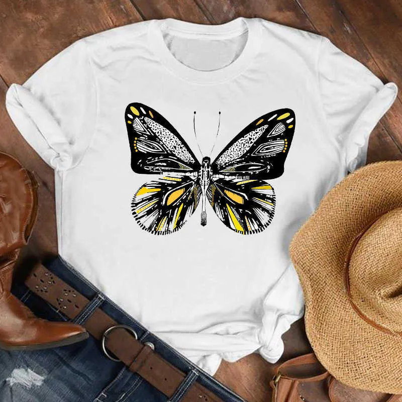 Kobiety Lady Cartoon Butterfly Kwiatowy Elegancki 2020 Spadek Jesień Koszula Ubrania Tshirt Tee Womens Top Kobieta Print T Graphic T-shirt X0527