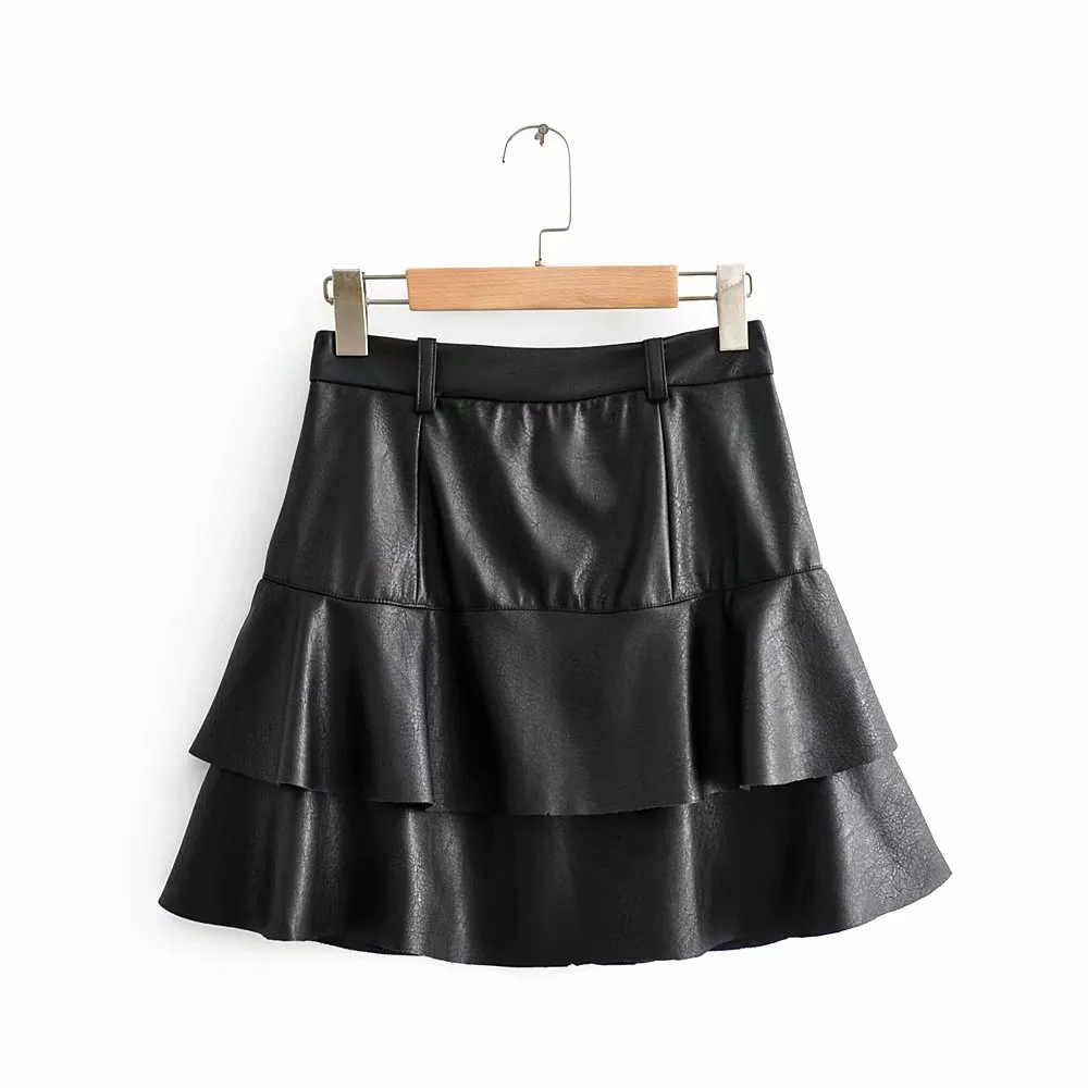 Women vintage cascading ruffles PU Leather mini skirt faldas mujer ladies single breasted casual vestidos chic skirts QUN526 210315