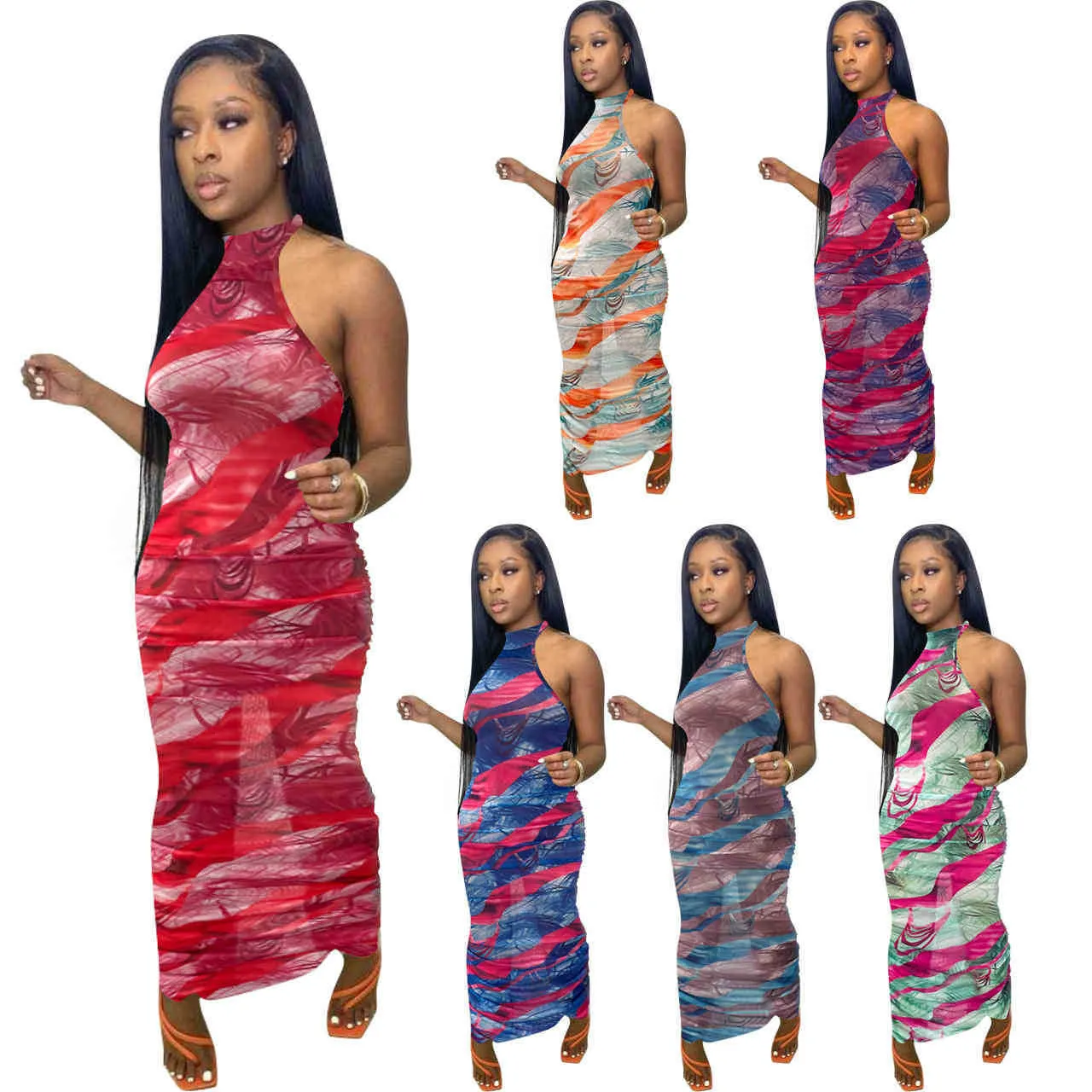 Women Printed Long Dresses 2021 Summer Sexy Sleeveless Vest Solid Color Skinny Stretchy Bodycon Pencil Dress Clubwear Plus Size