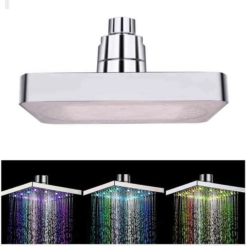 Colorful LED Square Rainfall Shower Head Spary Light Water Sprinkler Bathroom Wall Mounted Bathroom Tool Led Showerhead Dropship H1209