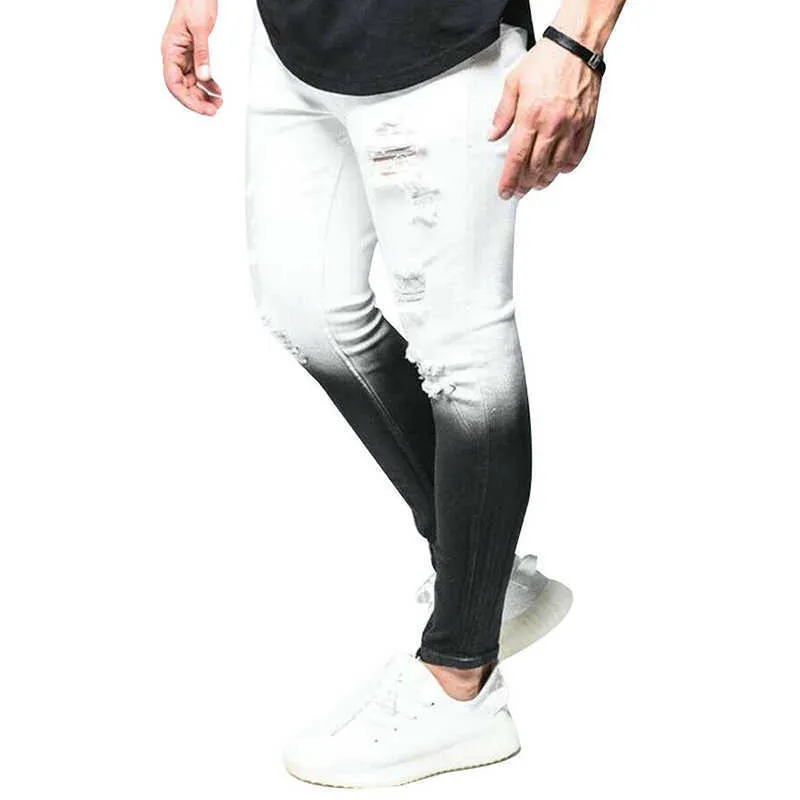 Mode heren skinny jeans hoge veerkracht gescheurde jeans slim fit denim sportstrousers streetwear kleur matching ritsen skinny x0621