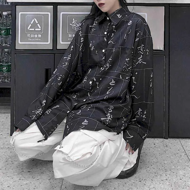 Homens mulheres camisas coreanas retro estilo chinês personagem impressão solta camisa de mangas compridas de mangas escuras BF 210526