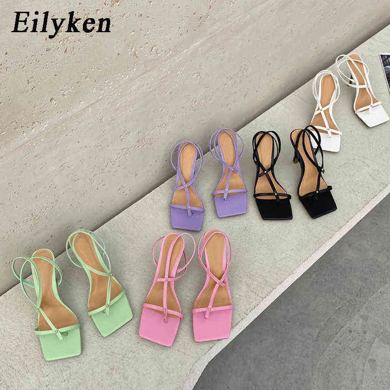 Sandalen EILYGEN Merk Ontwerp Gladiator Sandalen Dunne Hoge Hak Jurk Pumps Schoenen Smalle Band Square Head Clip-on Strappy Sandals 220310