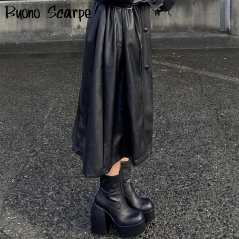 Punk Style Platform Boots Elastic Microfiber Shoes Woman Spice Ankle Boots High Heels Black Thick Platform Long Knee High Boots Y0914