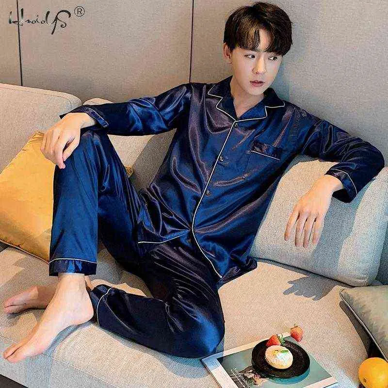 남성 loungewear 잠옷 세트 남성용 nightwear 긴 소매 수면 탑 바지 새틴 실크 잠옷 남성 잠옷 세트 pijama 세트 211111