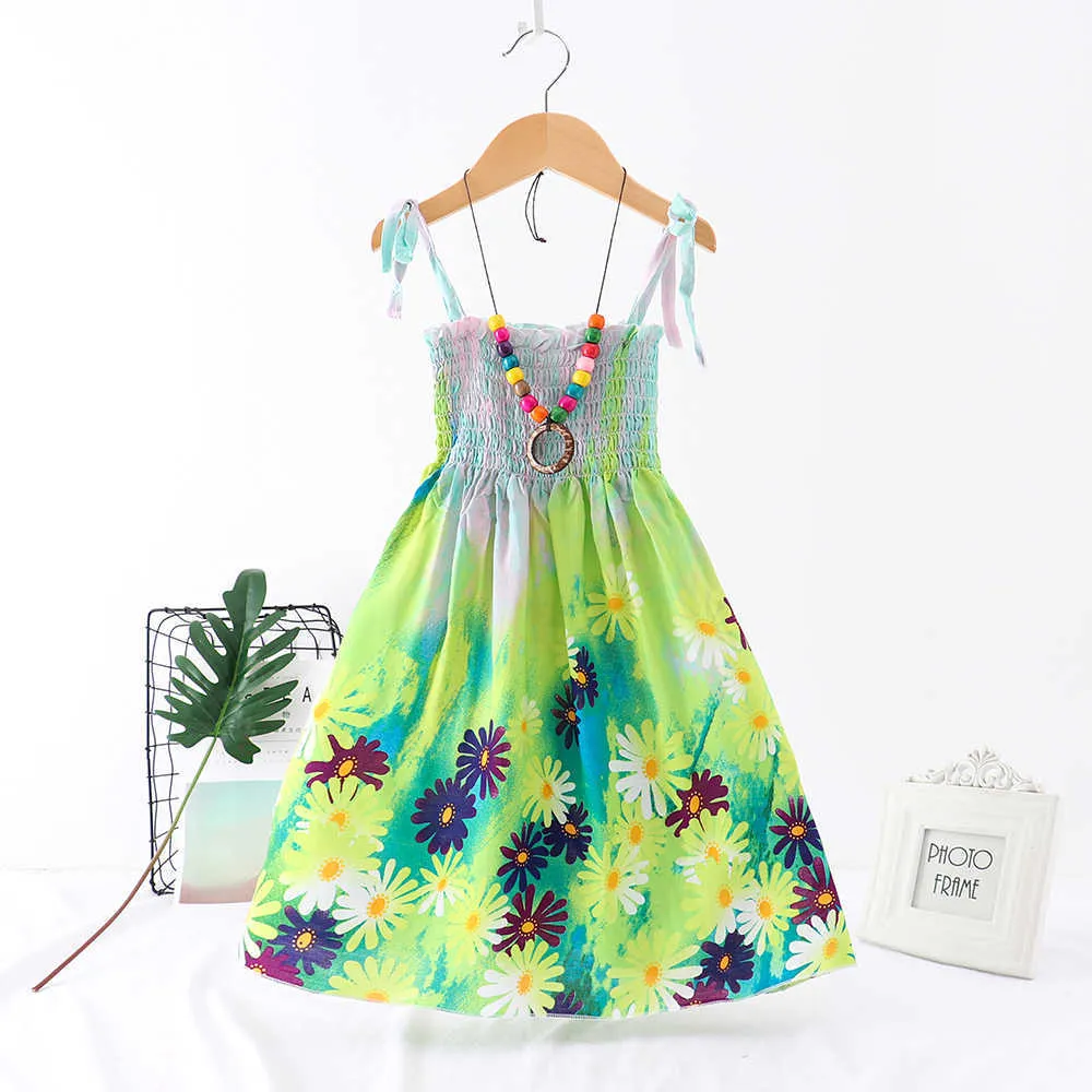 Mädchen Strandkleider Sommer Sling Floral Bohemian Strand Prinzessin Kleid mit Halskette Geschenk für Mädchen 2-12 Jahre Kinder Kleider Q0716