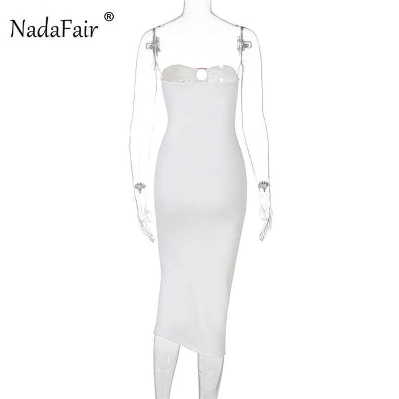 Nadafair без бретелек BodyCon Летнее сексуальное платье Женщины Ruched Сплит вырезать клуб Party Beach Off Flow Tube Белые MIDI Платья Y1006