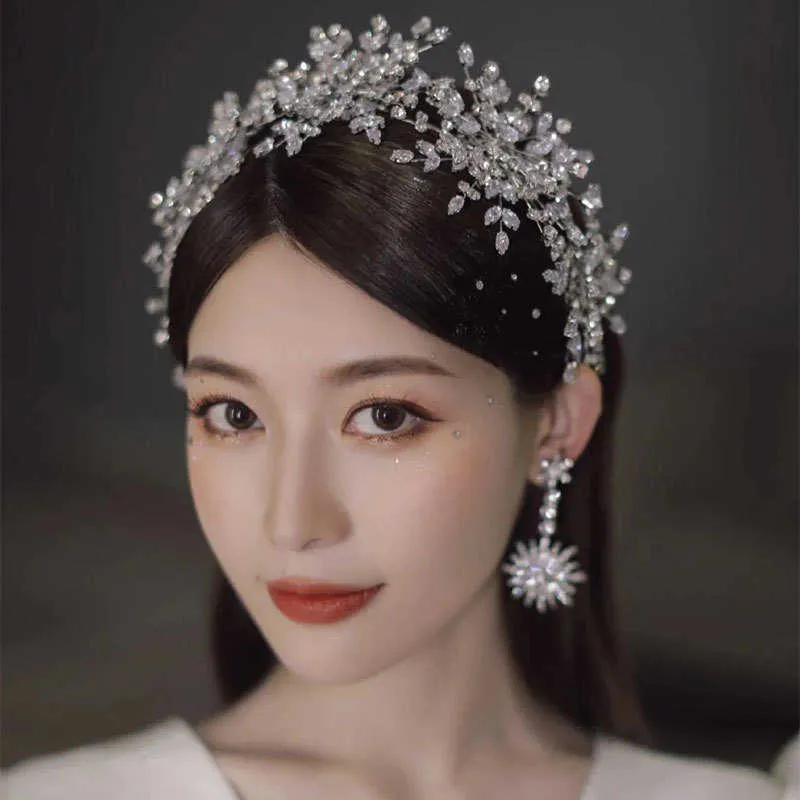 Sneeuw koningin luxe zirkoon glanzende bruiloft bruid set hoofdtooi oorbellen parel kroon haar hoepel tiara fee stijl Koreaanse mode H1022