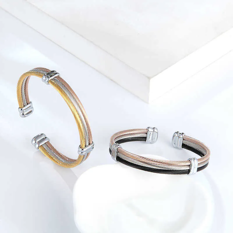 4 Styles Cable Bracelet Adjustable Size Cuff Bangle for Women New Arrival Spring Wire Line Titanium Steel Jewelry Wholesale Q0719