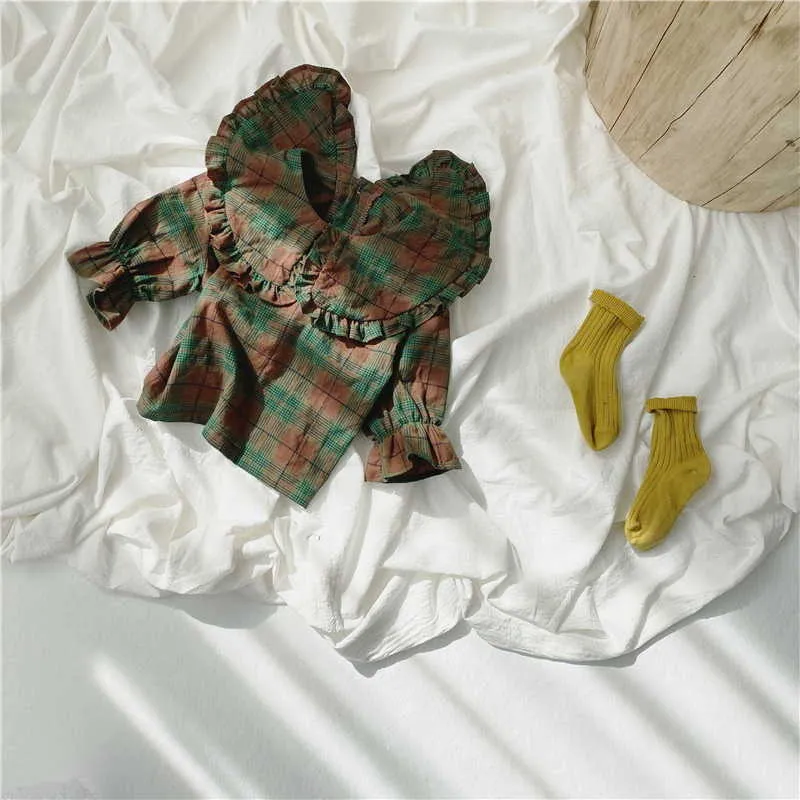 Spring Korean Style Baby Girl 2-pcs Sets Peter Pan Collar Long Puff Sleeves T-Shirt +shorts Kids Clothes E5075 210610