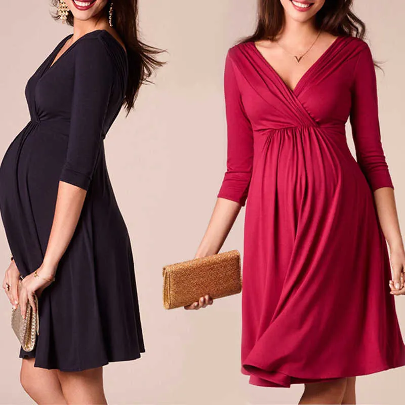 母乳育児のドレス妊婦のための母性服服ソリッドVネック妊娠ドレスマザーウェアイブニングドレス