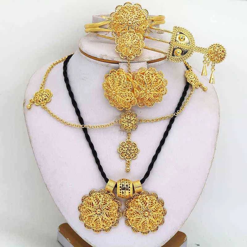 24k Gold Ethiopian Jewelry Sets for Women Dubai Habesha Joyería con cadena de horquilla de la cabeza African Bode Regalos 211209336620