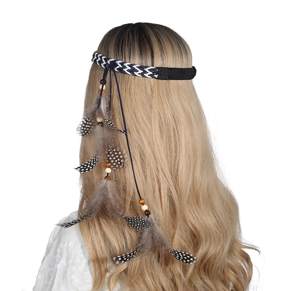 Boho fjäder huvudband festival hår tillbehör påfågel turban scrunchies elastiska hårband för kvinna pärlstav Justera huvudbonader