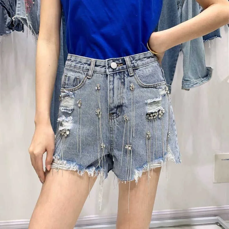 Women luxurious Tassel Fringed Hole Jeans Shorts Female High Waist Summer Fashion Designer Wide Leg Denim 210719