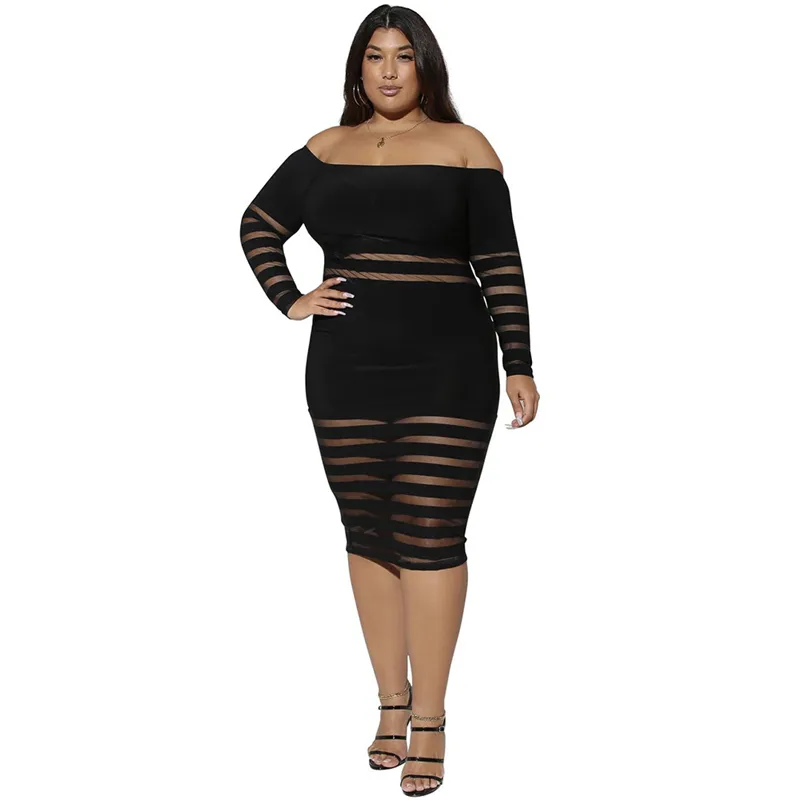 Robe moulante noire à manches longues pour femmes, grande taille, maille transparente, col Slash, épaules dénudées, vente en gros, livraison directe