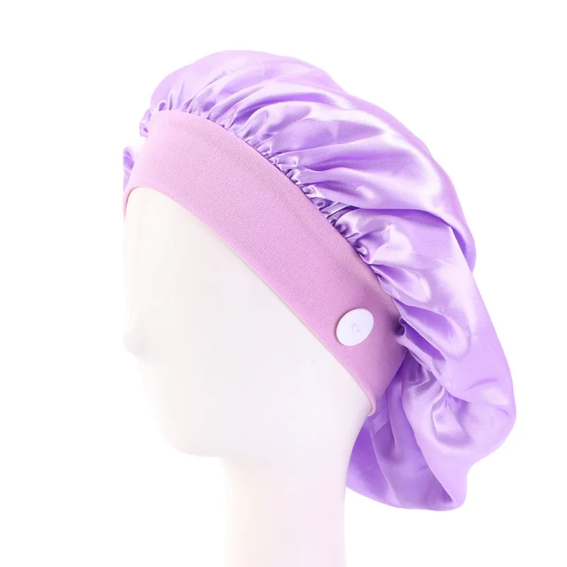 Satin Bonnet Largo Elastic Banda Day Night Tampão de sono com botão para desgaste orelha proteção headwear chapéu mulheres acessórios de cabelo