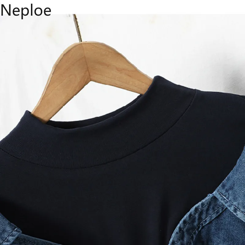 Neploe Patchwork Shirts Gefälschte Zweiteilige Frauen Blusen Mantel Koreanische Einreiher Denim Bluse Cowboy Hemd Jacke Bandage Tops 210308