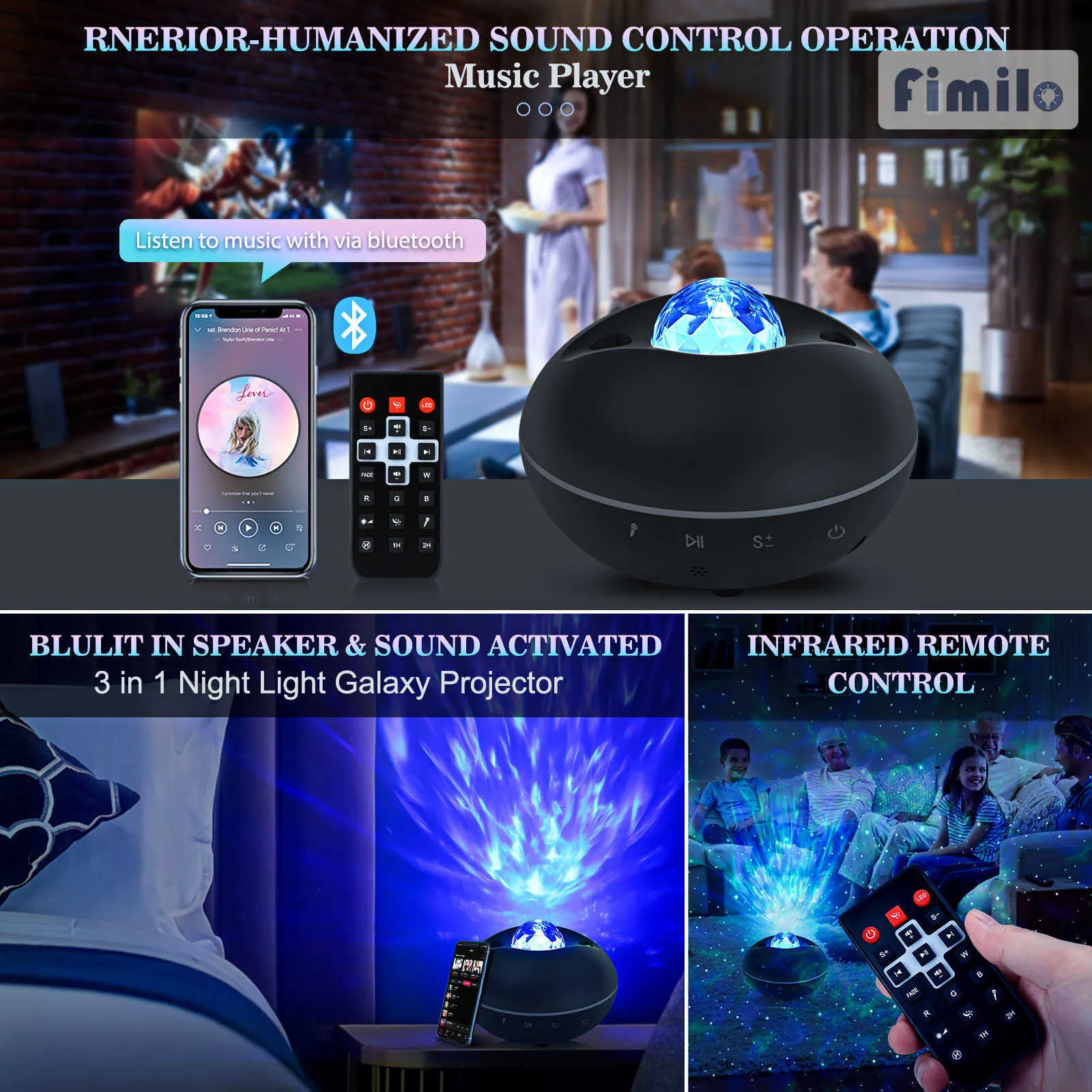 Galaxy Light Projector للغرفة Bluetooth Star Project Rotating Starry Lights Lamp Wave Galactic LED Stars Sky Projector H092026
