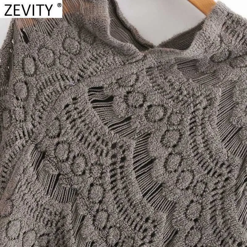 Zeveity Женская мода вязаная крючком вязаный жаккардовый шал свитер женское подол кисточки украшения пуловеры шикарные полые плащом топы S530 210603