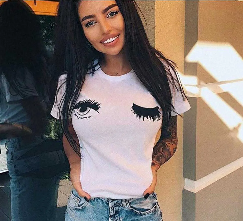 Camiseta con estampado de ojos parpadeantes para Mujer, camiseta holgada de manga corta con cuello redondo para Mujer, camiseta de verano para Mujer, Tops, ropa, Camisetas para Mujer X0527