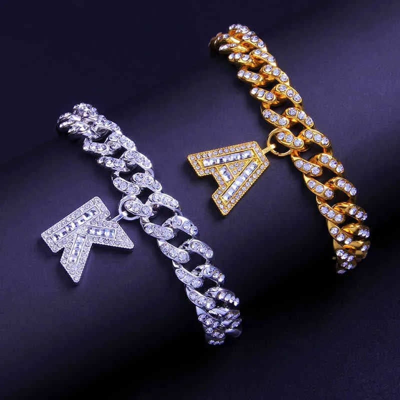 Contrafans Hip Hop Miami Cuban Link Bractele Bractele Out Out out Письмо для женщин Bling Baguette Письмо Браслет A-Z Инициалы Jewalery 220210