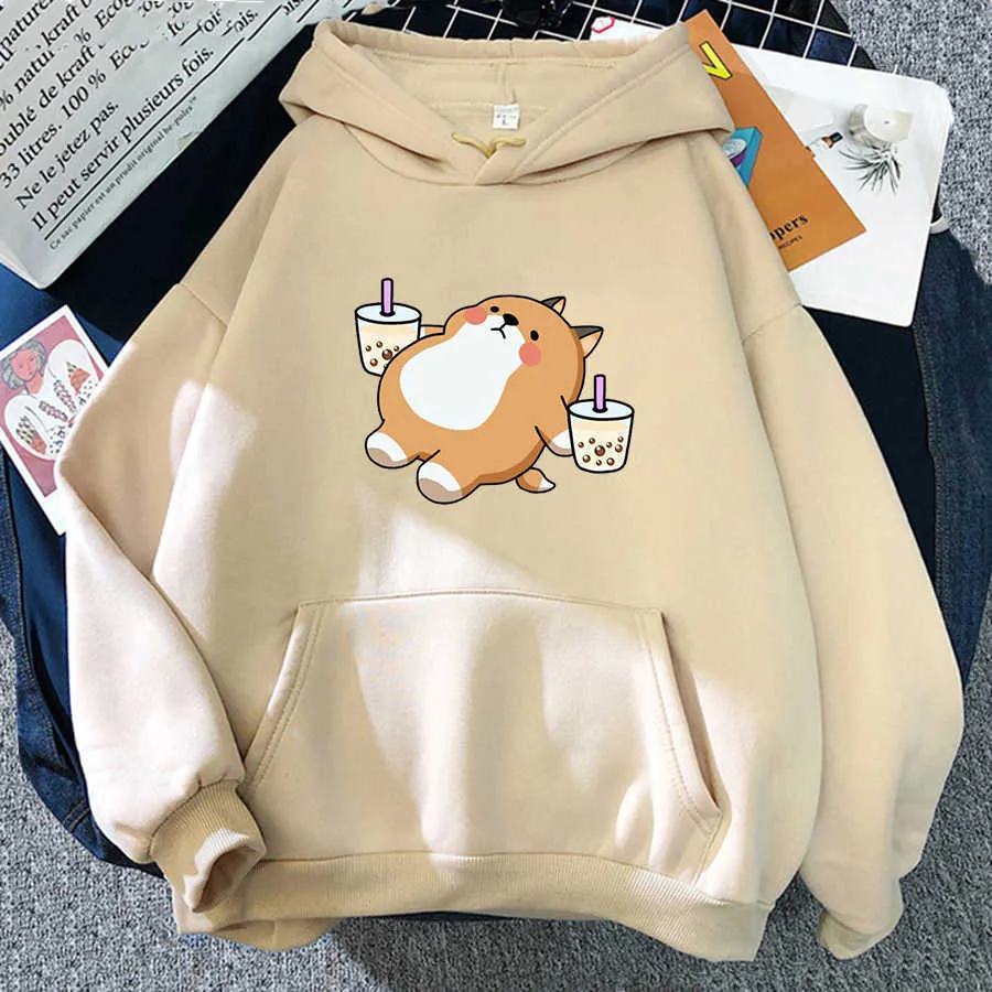 Boba Tea Hoodie Niedlicher Hund Kapuzenpullover Harajuku Hoodies Schöne Kawaii Casual Hoody O-Ausschnitt Damenkleidung 210809