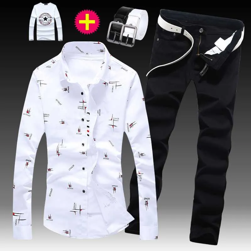 Spring Autumn Men's Long Sleeve Shirt Cotton Blends Jeans Pants Set Casual Style Printing White Sky Blue Male Clothes X0287q