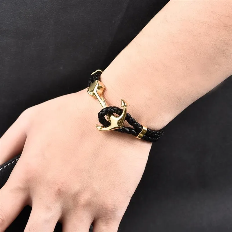 Braccialetti di fascino jiayiqi punk inciso drago anchor di ancoraggio in oro argento chiusura nera treccia vera e propria braccialetti in pelle gioielleria inossidabile S291W