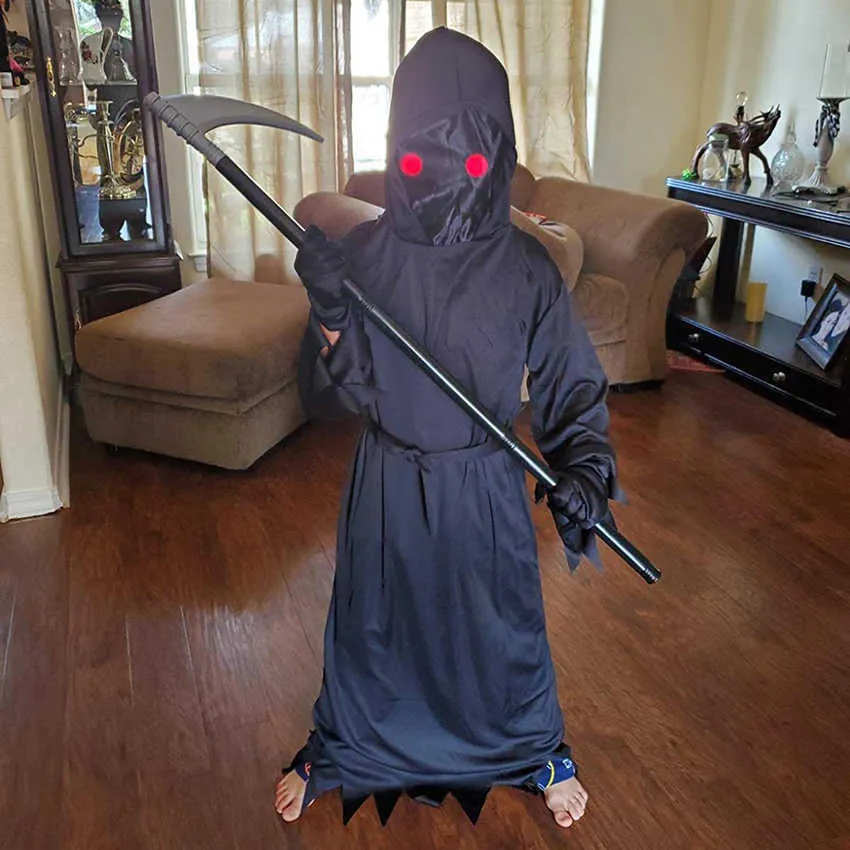 Terör Grim Reaper Kostümleri Aydınlık Gözler Ölüm Kancası Orak Erkek Cosplay Anime Çocuklar için Cadılar Bayramı Kostüm Carnival Prop Q0910