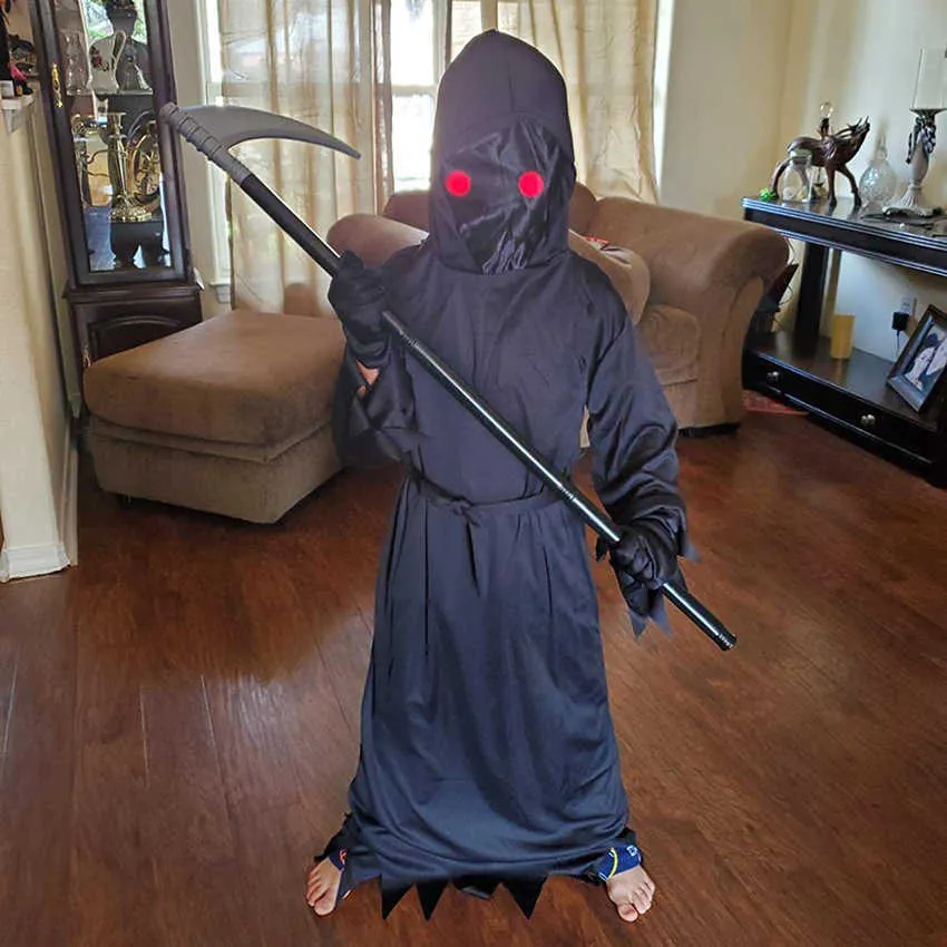 Terror Grim Reaper Trajes Luminosos Olhos Death Hook Sickle Meninos Cosplay Anime Crianças Traje de Halloween para Crianças Carnaval Prop Q0910