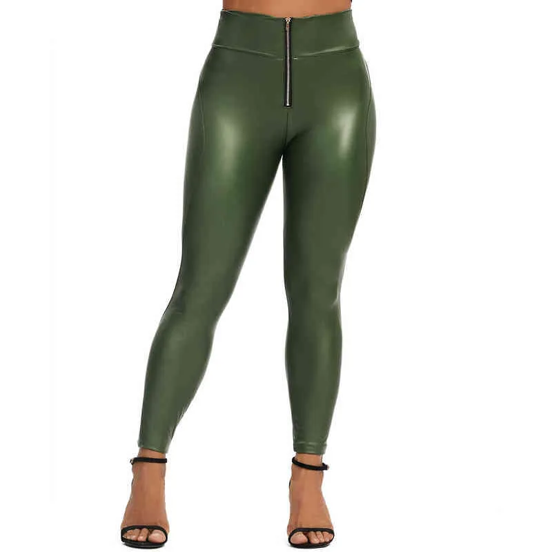 Leggings in PU con cerniera a vita alta le donne Leggins neri con sh up Lady Sexy Booty Stretch Slim Pantaloni sportivi Leggings in pelle donna 211215