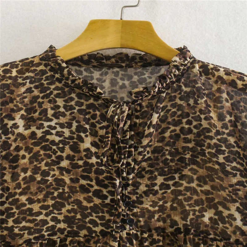 ZA Lato Drukuj Szyfonowa Mini Dress Kobiety Długie Rękaw Puff Regulowany Drawcord V Neck Leopard Suknie Vintage Vestisos 210602