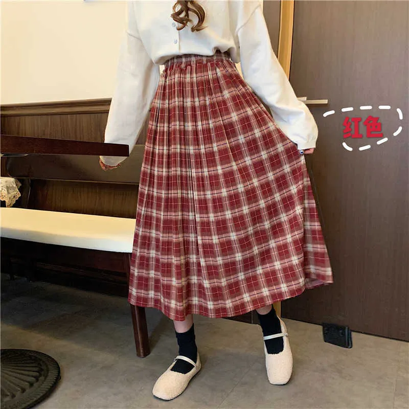 Vintage Plaid Gefaltete Lange Röcke Winter Frauen Punk Rock Koreanische Woolen Streetwear Kordelzug Elastische Taille Midi 210529