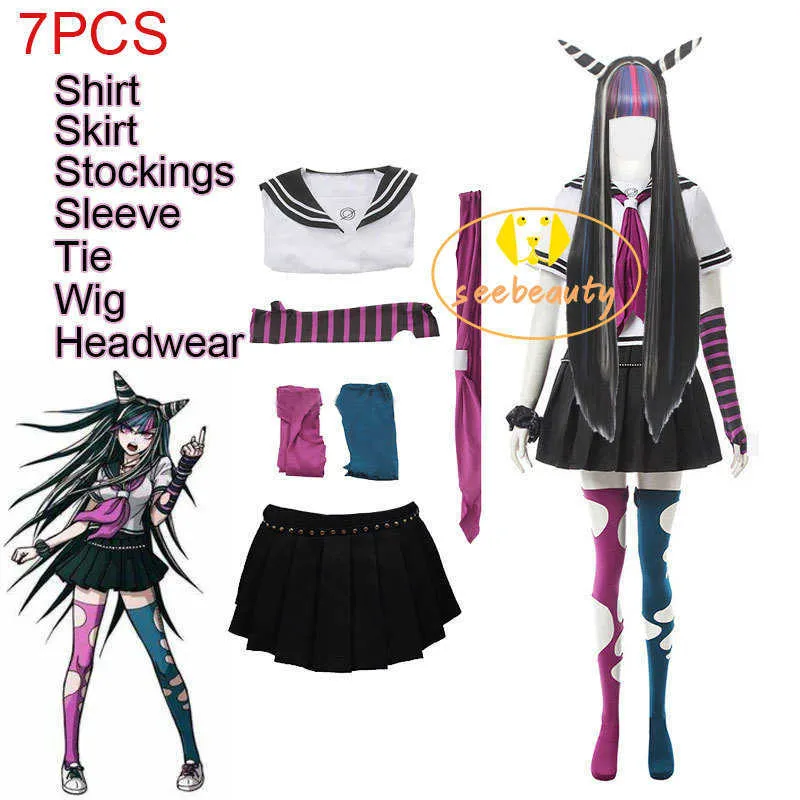 7 PZ Ibuki Mioda Cosplay Custome Dangan Ronpa 2 Addio Disperazione Abito Camicia Parrucca Lunga School Girl JK Gonna Uniforme Set Halloween Y0913