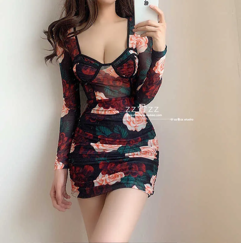 French Korea Nightclub Sexy Sheath Flower Printing Elastic Long Sleeve Mini Dres Summer Tops Spring Dresses TUAA 210603