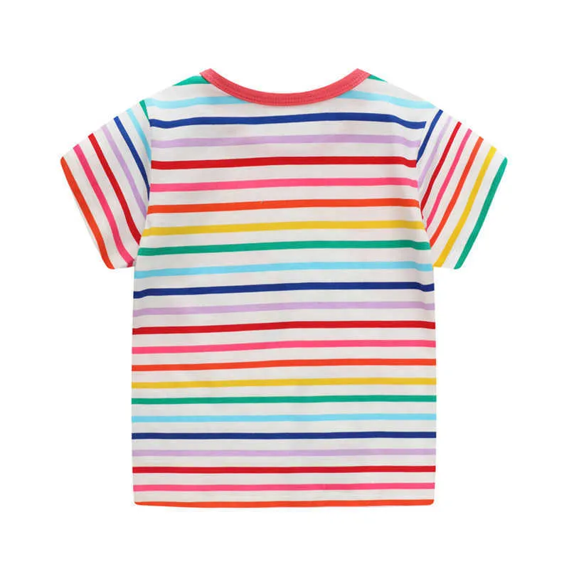 Hoppmätare sommar barnkläder med djur tryckta bomull Tjejer Stripe T Shirts Fashion Cute Toddler Tees Kids Tops 210529