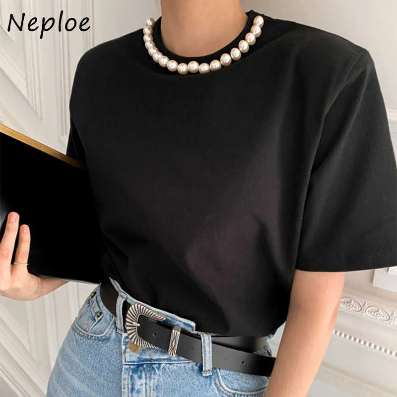 Neploe oネックビーズパッチワーク半袖Tシャツ女性夏の緩いティーイラストシンプルな女性トップフェムミ210720