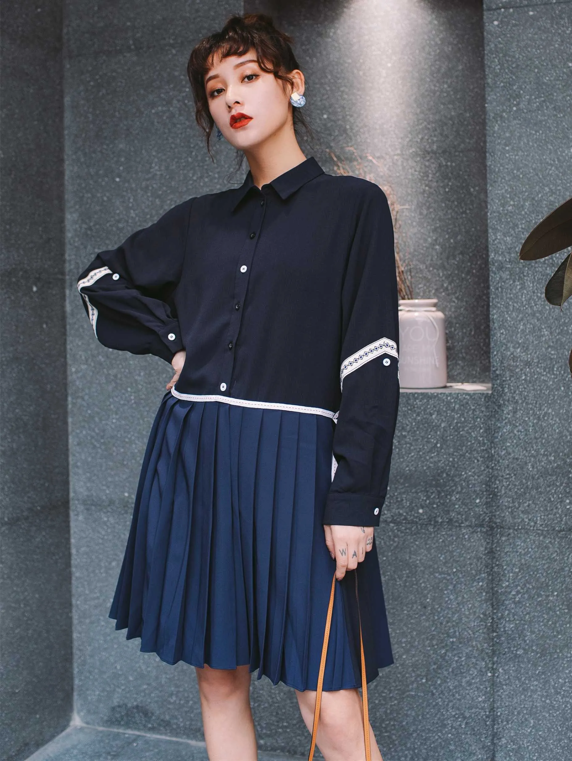 Spring and Summer Cotton Casual Shirts Splice England Style Pleated Patchwork Draped Dress Elegant Women 210615