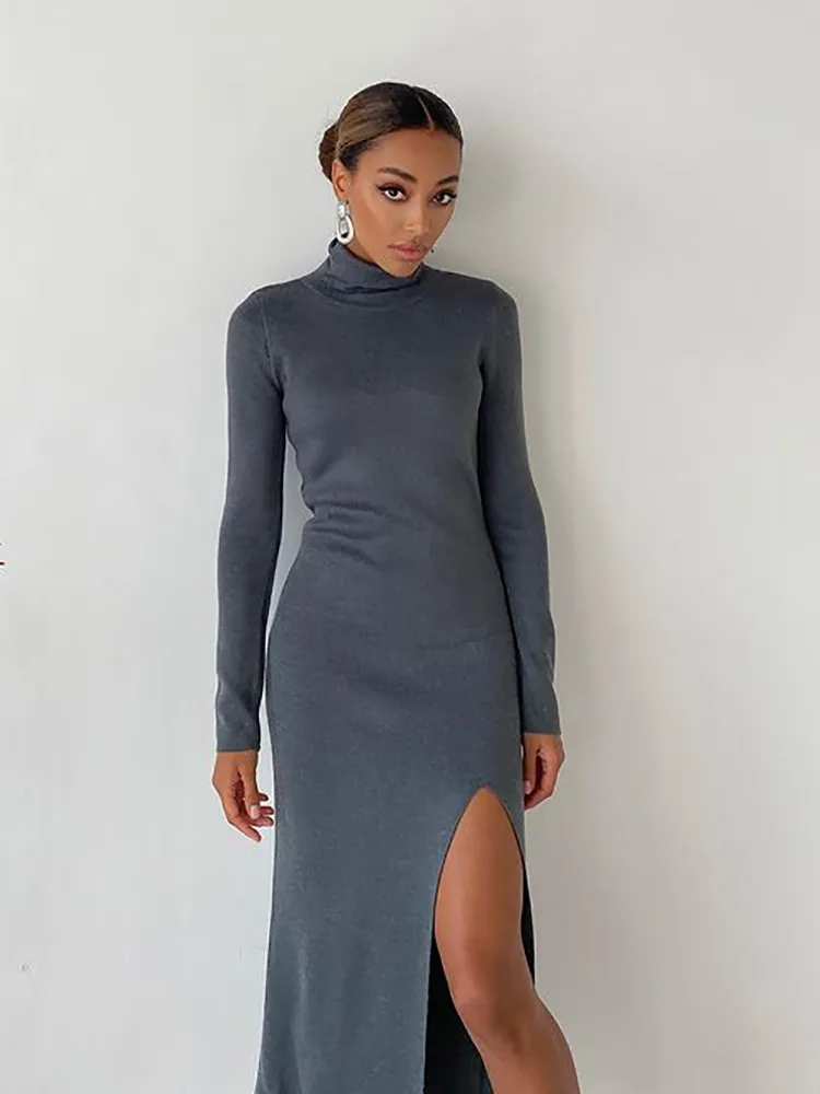 Forefair Trykotowy Turtleneck Z Długim Rękawem Kobiety Midi Sukienka Jesień Zima Wieczór Party Sexy Damskie Dresses Nowy Rok