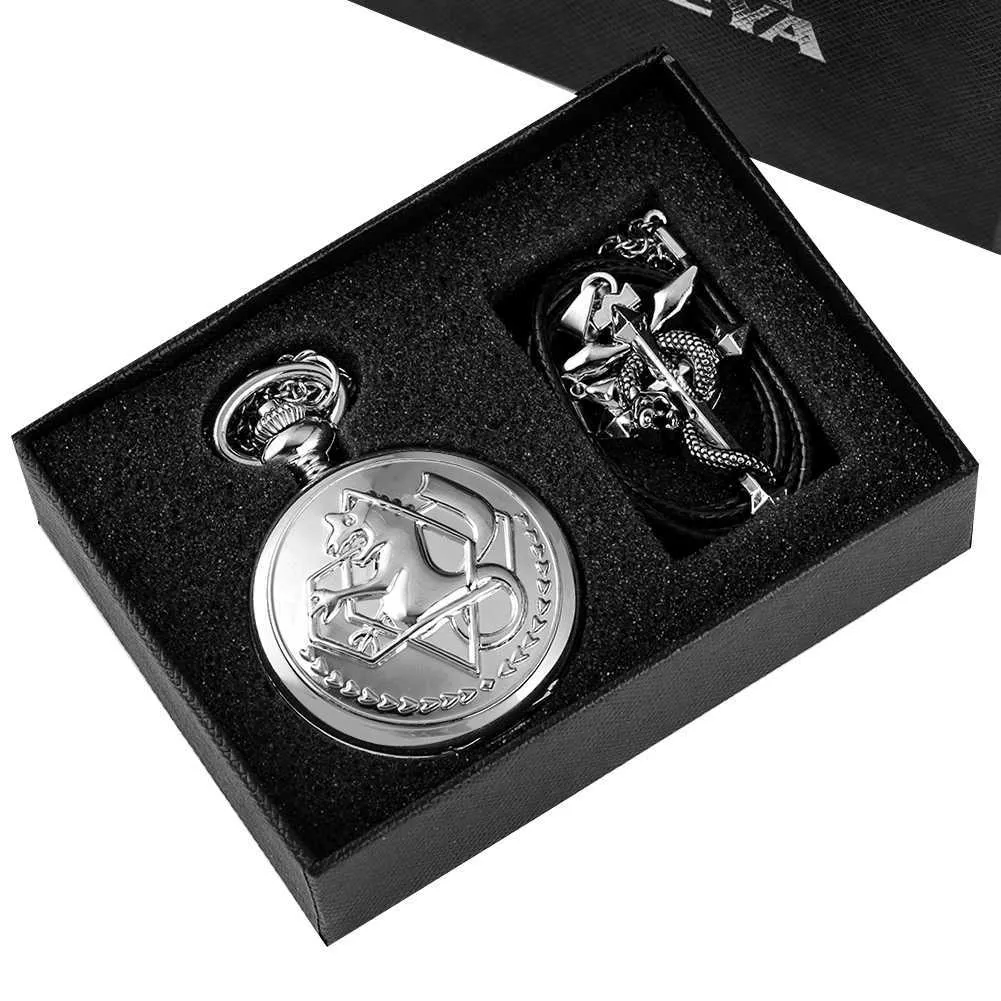 Fullmetal Alchemist Silber/Bronze Taschenuhr Anhänger Herren Quarz Japan Anime Halskette Uhr Hochwertige Geschenke Set 211013