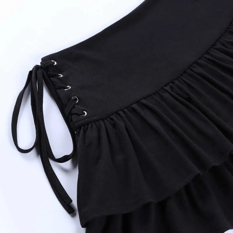 Retro fast färg hög midja sexig ihålig sommar svart kort kjol ruffled a-line kvinna s extrema mini micro 210629