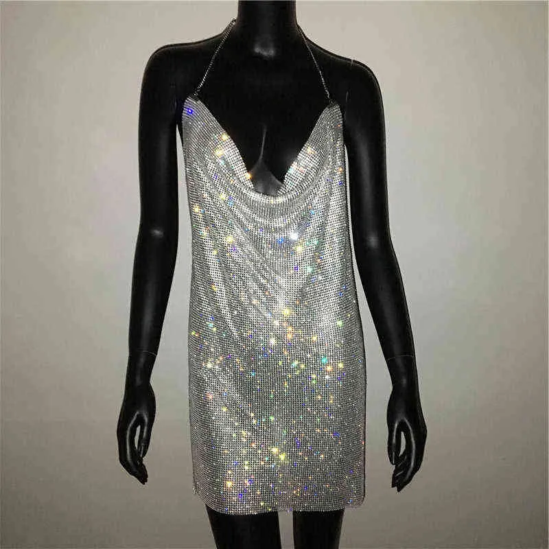 Sexy Cristal Mesh Paillettes Discothèque Robe Femmes Dos Nu Fente En Métal Tissu Strass Party Club Mini Robes pour Dame 211206