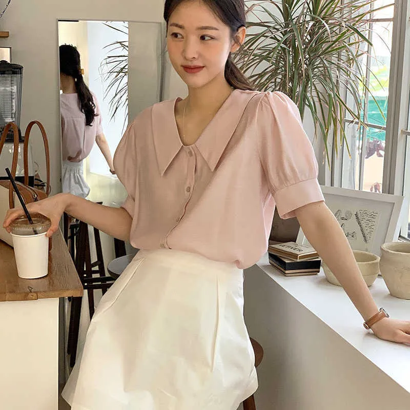 コレヒパアの女性セット夏の韓国の穏やかな尖った襟薄いマイクロ透明の半袖シャツハイウエストAラインスカート210526