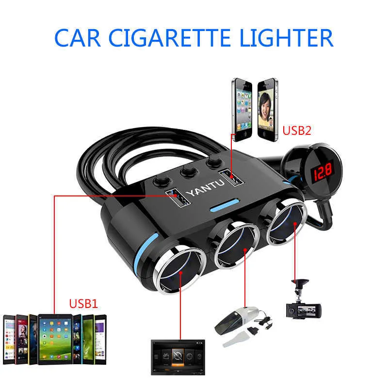 Yantu 12V-24V bil cigarettändare socket splitter plugg LED USB laddare adapter 1A + 2.1A 100W spänningsdetektering för telefon MP3 DV