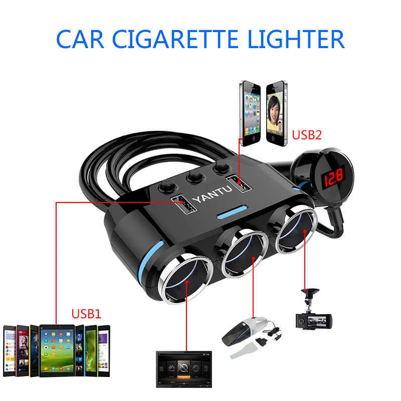 YANTU 12V-24V samochodu zapalniczki zapalniczki do gniazda rozdzielacza LED ładowarka USB Adapter 1A + 2.1A 100W Napięcie Wykrywanie do telefonu MP3 DV